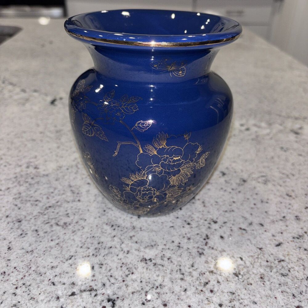 Royal Haeger Navy Blue Vase Gold Rim Ceramic Pottery Collector MCM Statement Lux